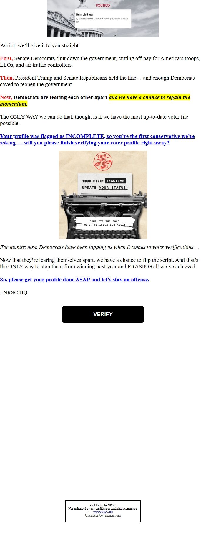 Screenshot of the email generated on import