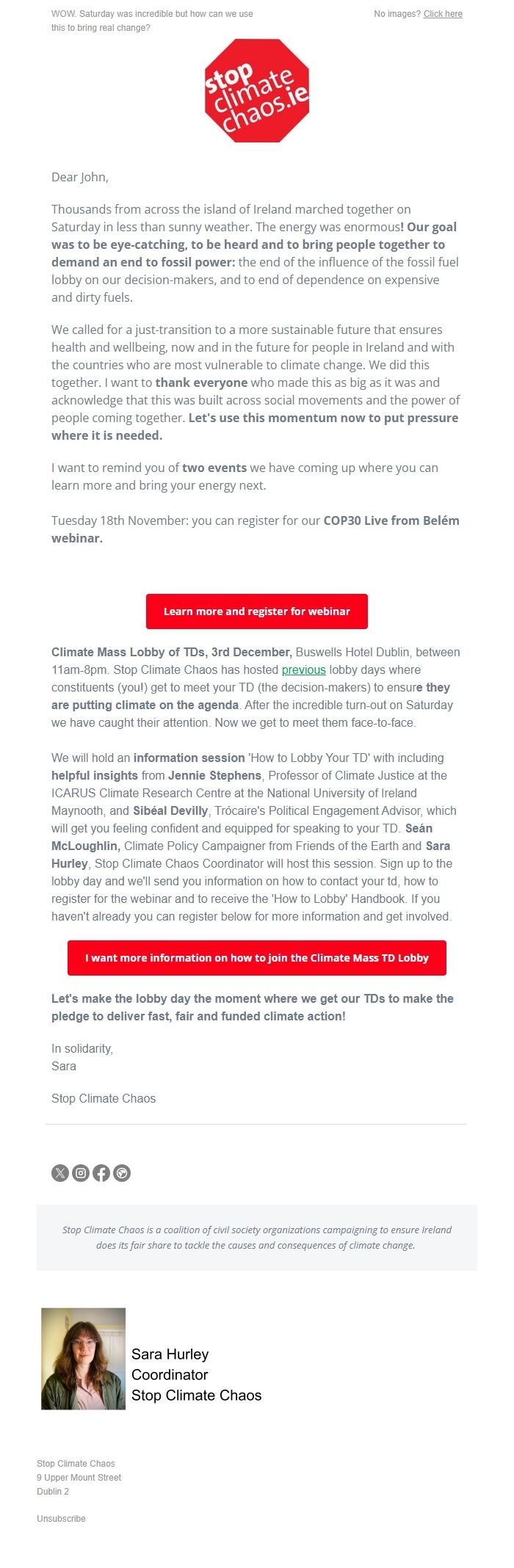 Screenshot of the email generated on import