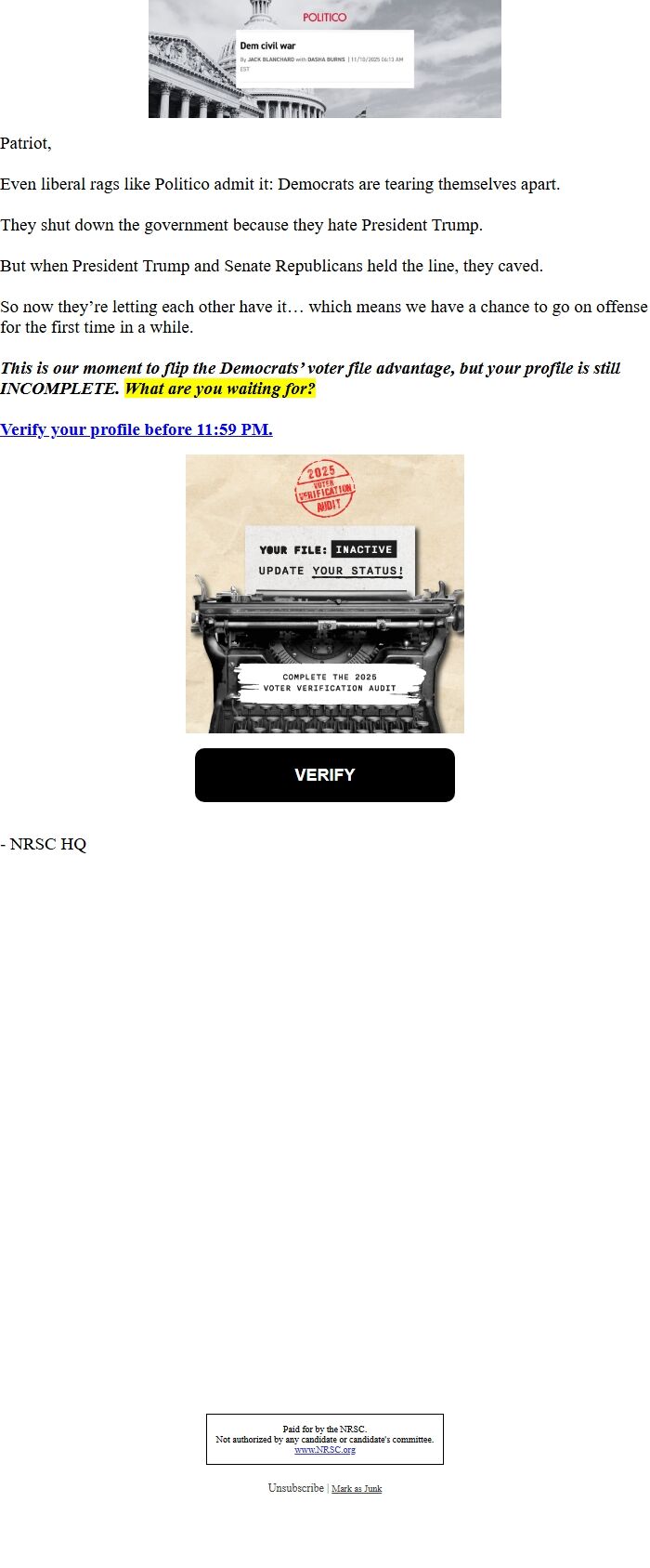 Screenshot of the email generated on import