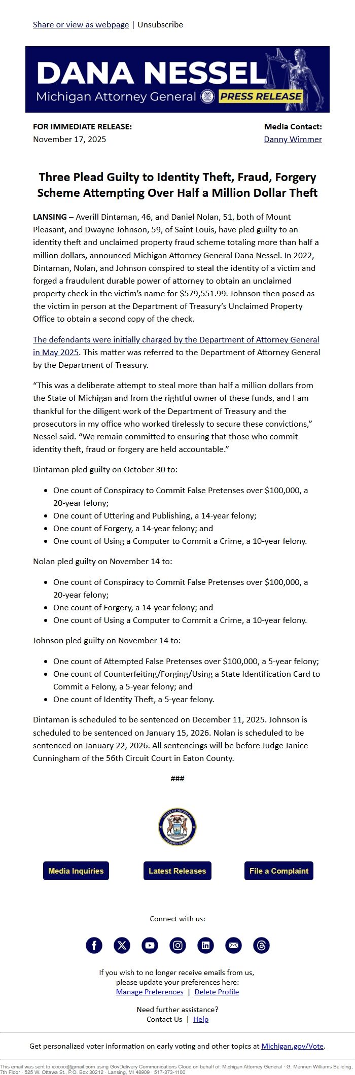 Screenshot of the email generated on import