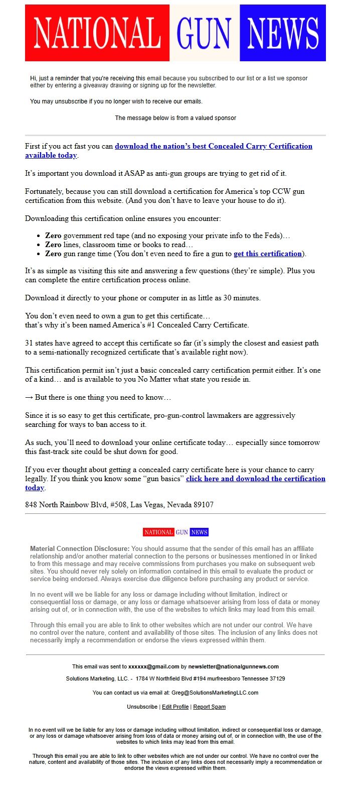 Screenshot of the email generated on import