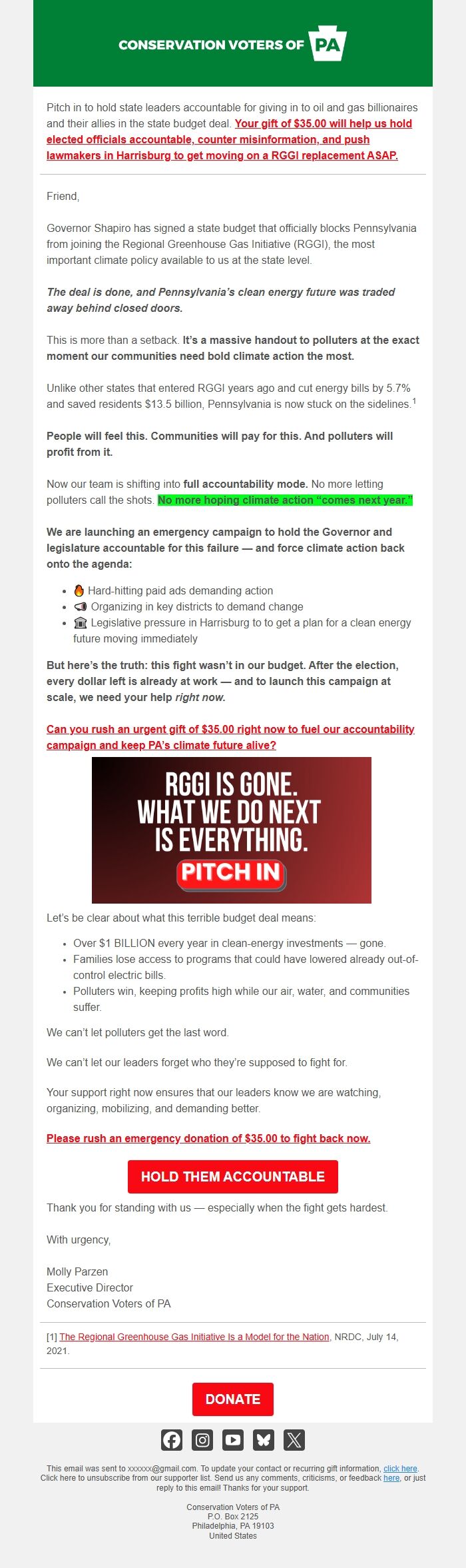 Screenshot of the email generated on import