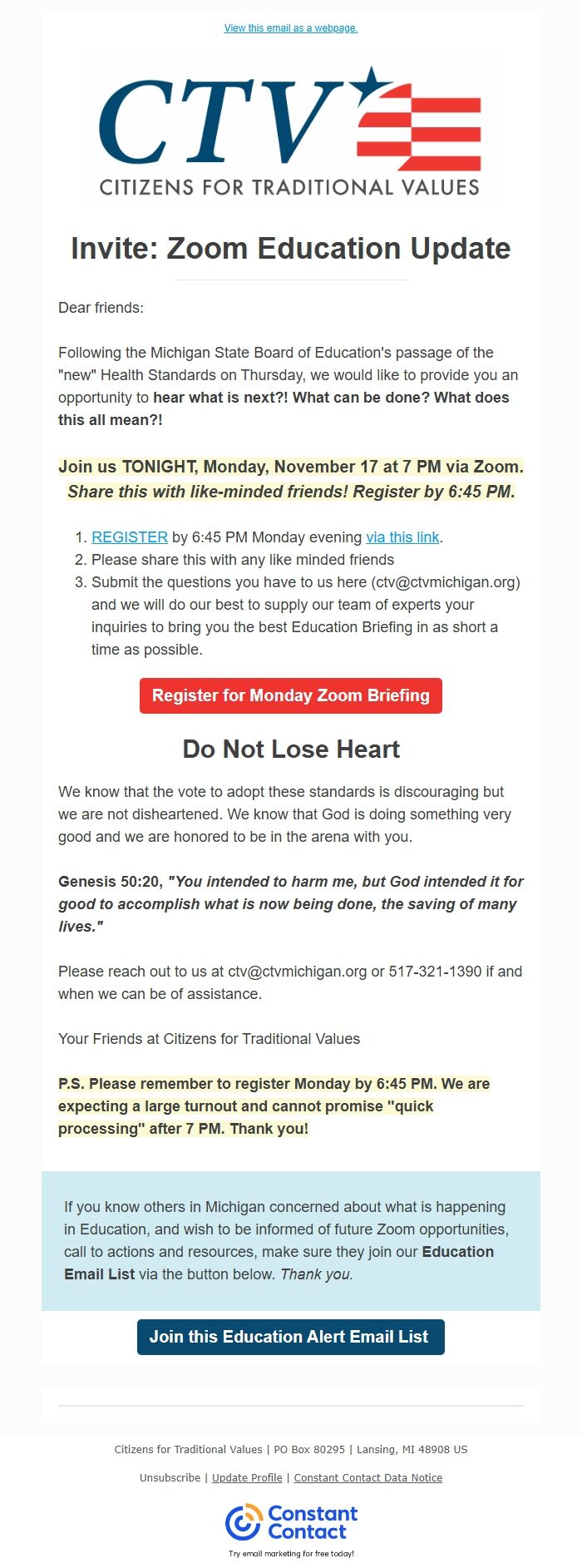 Screenshot of the email generated on import