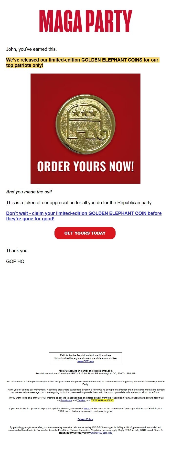 Screenshot of the email generated on import