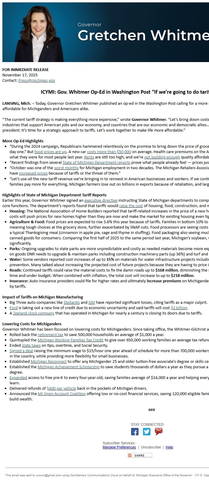 Screenshot of the email generated on import