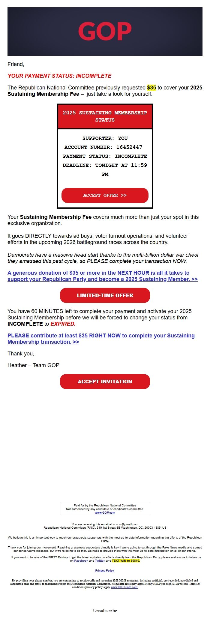 Screenshot of the email generated on import