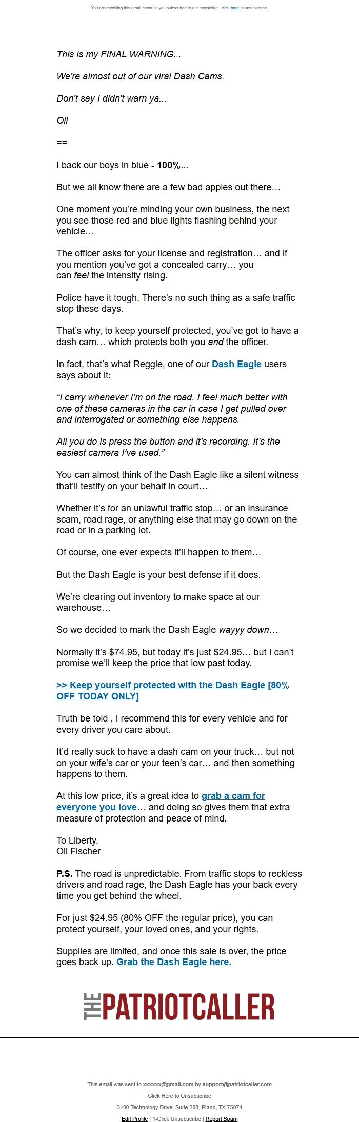 Screenshot of the email generated on import