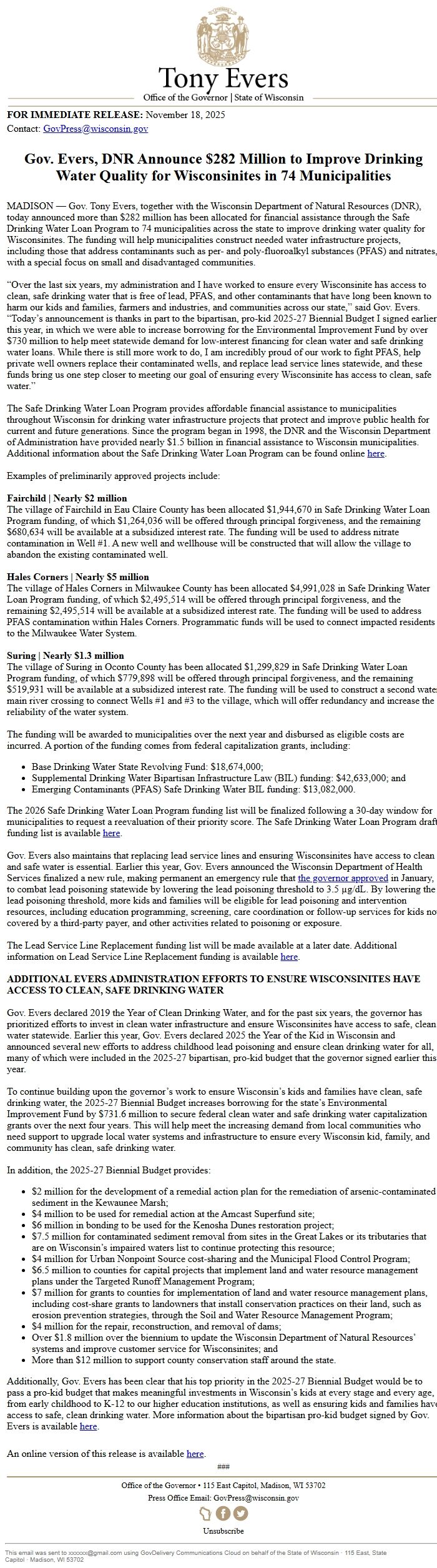 Screenshot of the email generated on import