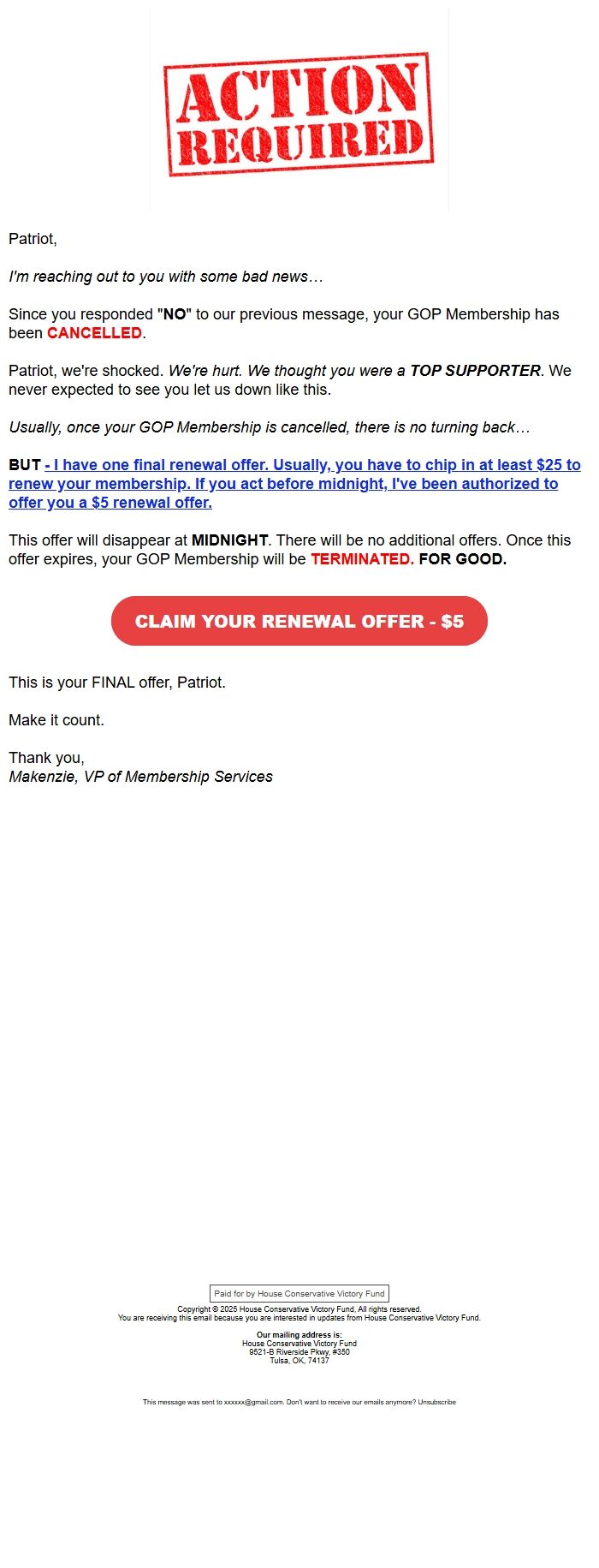 Screenshot of the email generated on import