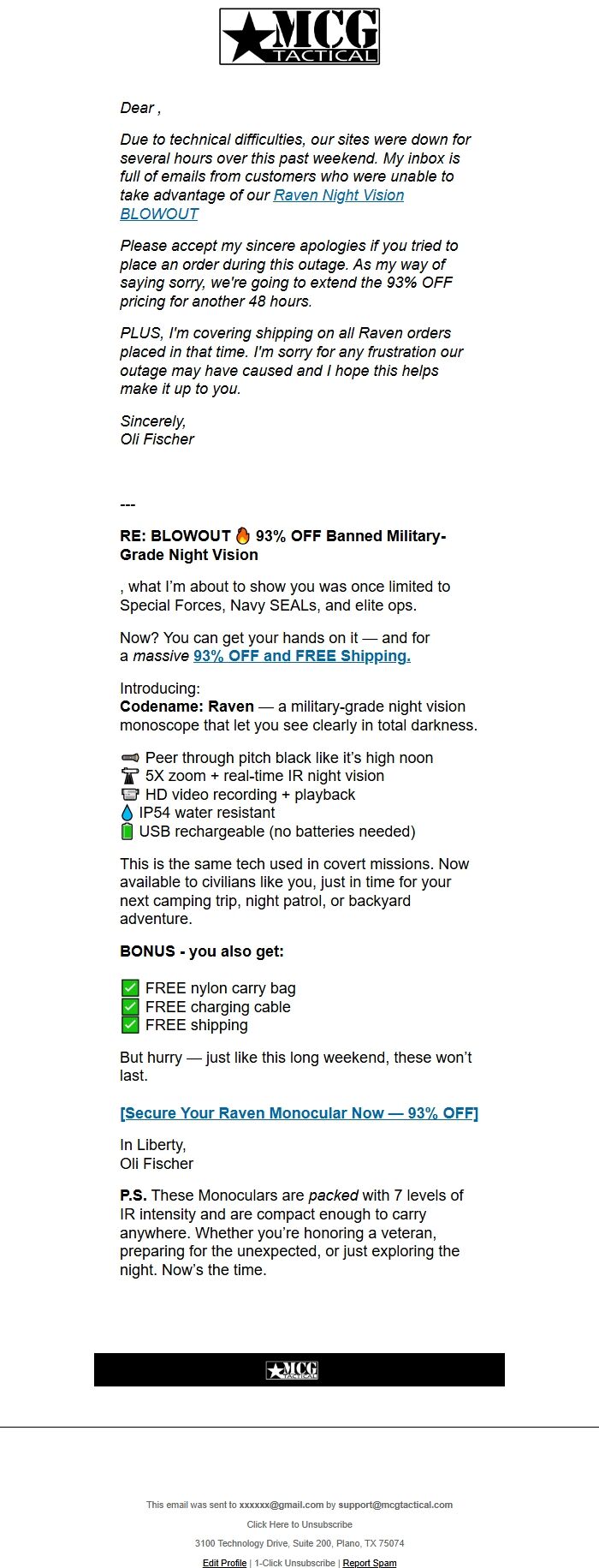 Screenshot of the email generated on import