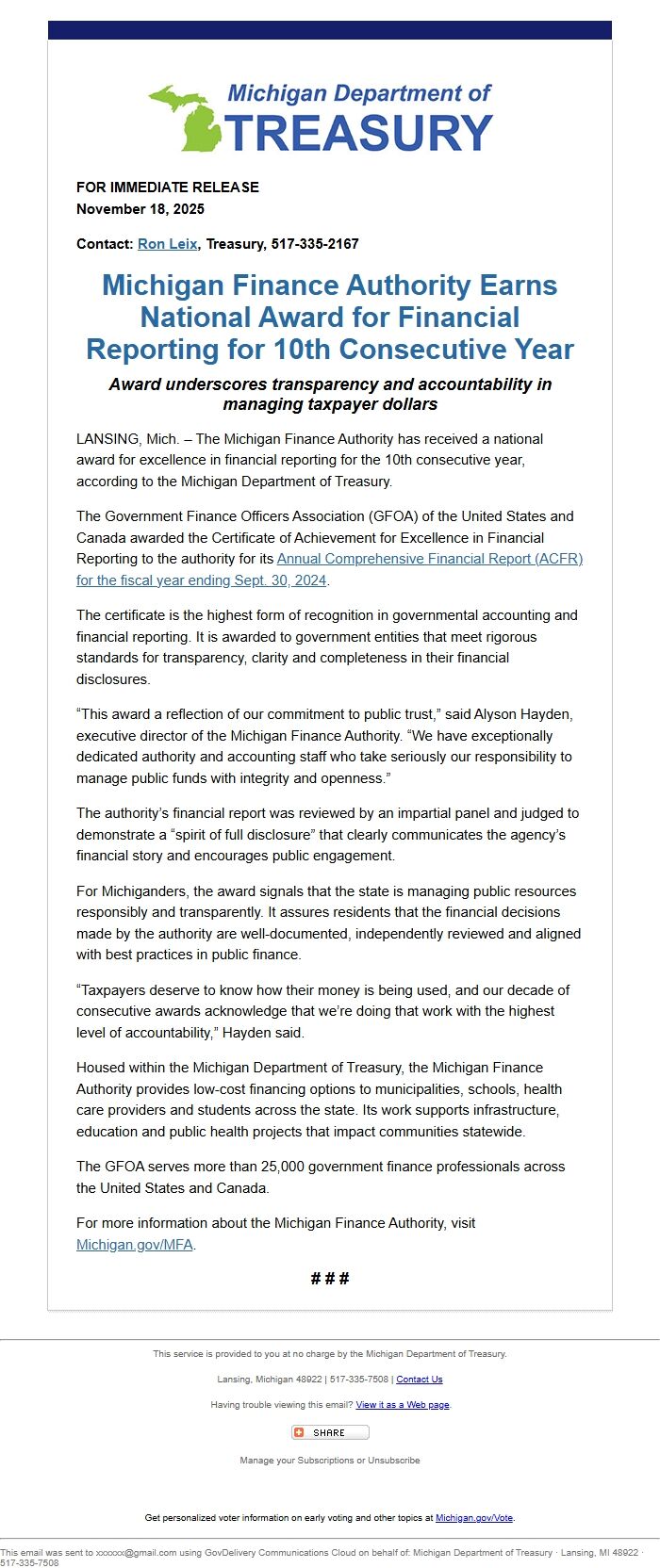 Screenshot of the email generated on import