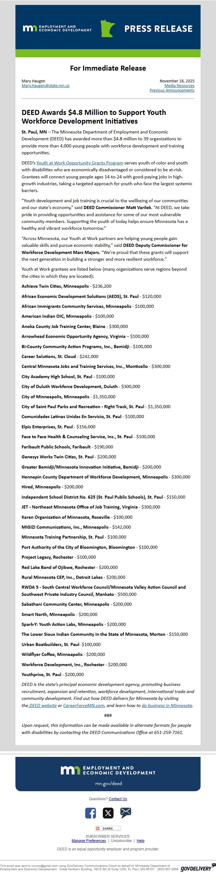 Screenshot of the email generated on import