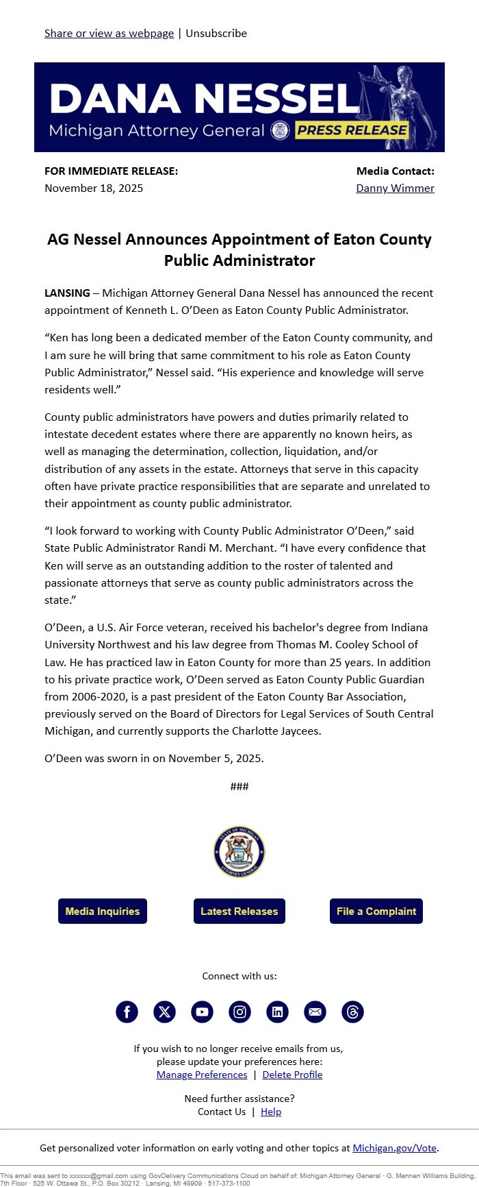 Screenshot of the email generated on import