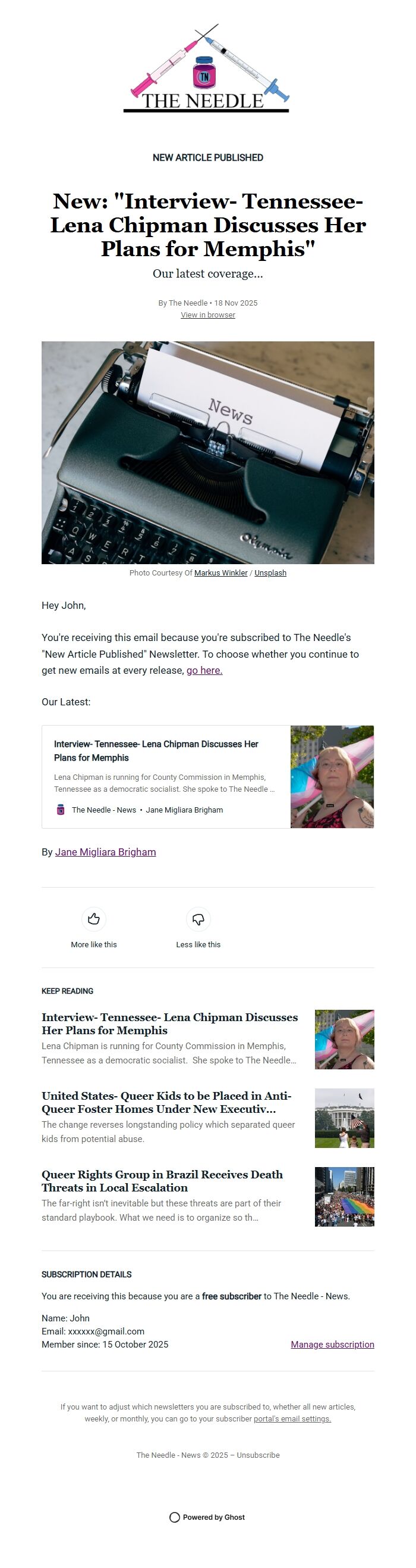 Screenshot of the email generated on import