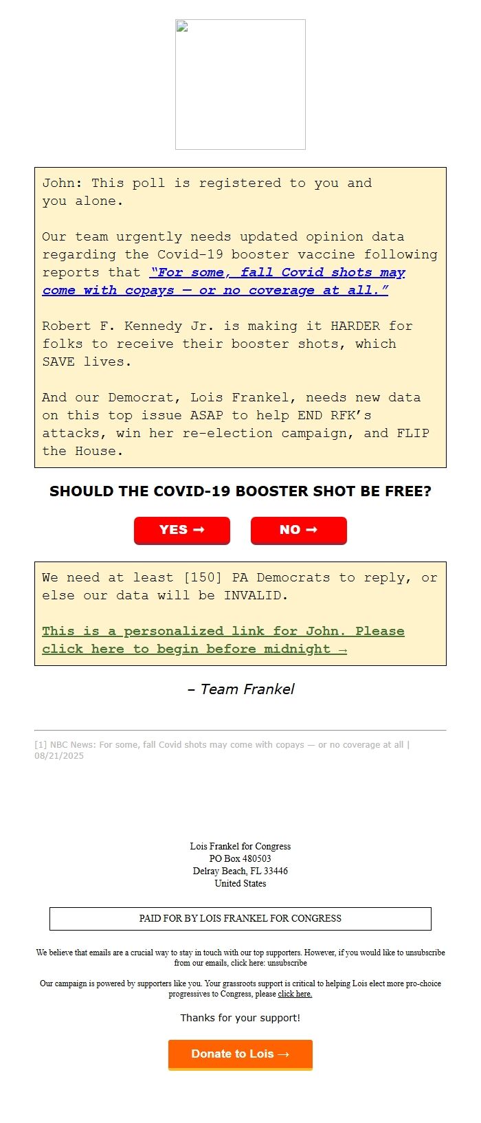 Screenshot of the email generated on import