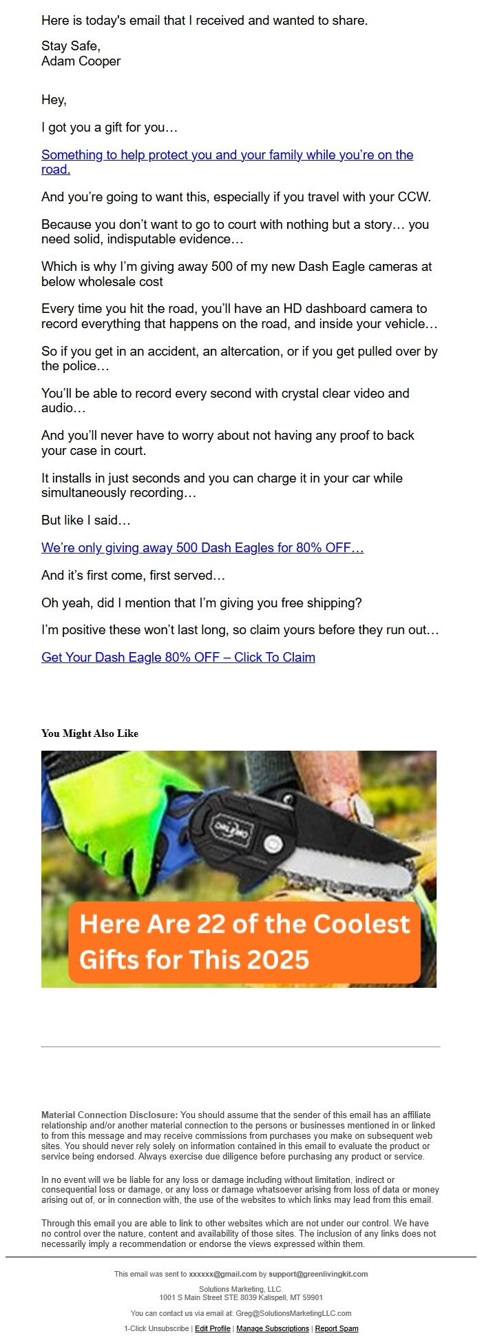 Screenshot of the email generated on import