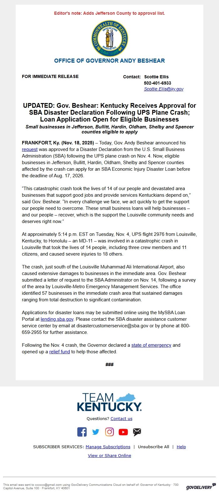 Screenshot of the email generated on import