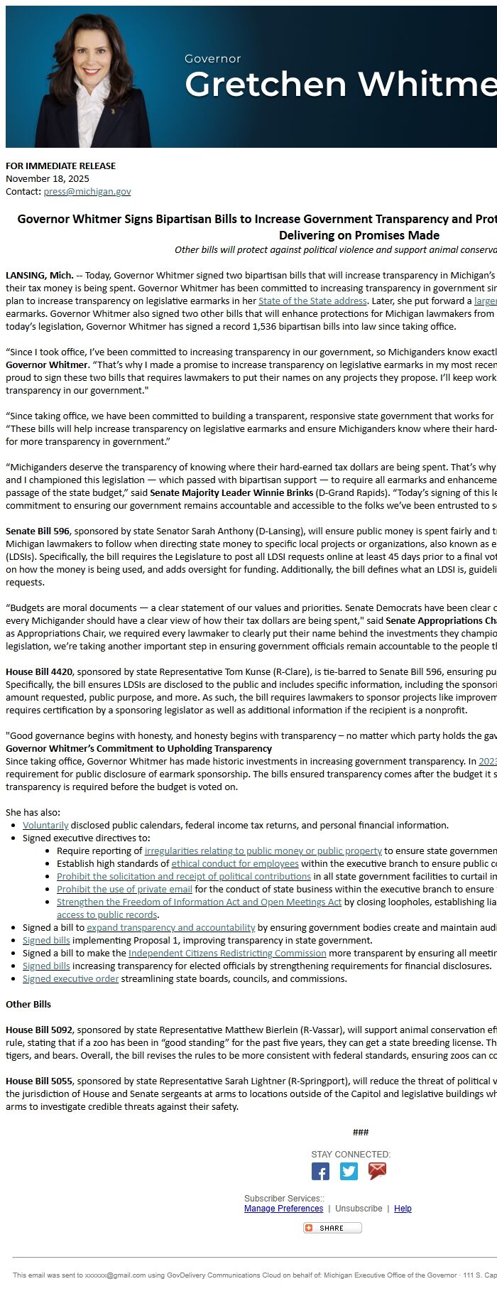 Screenshot of the email generated on import