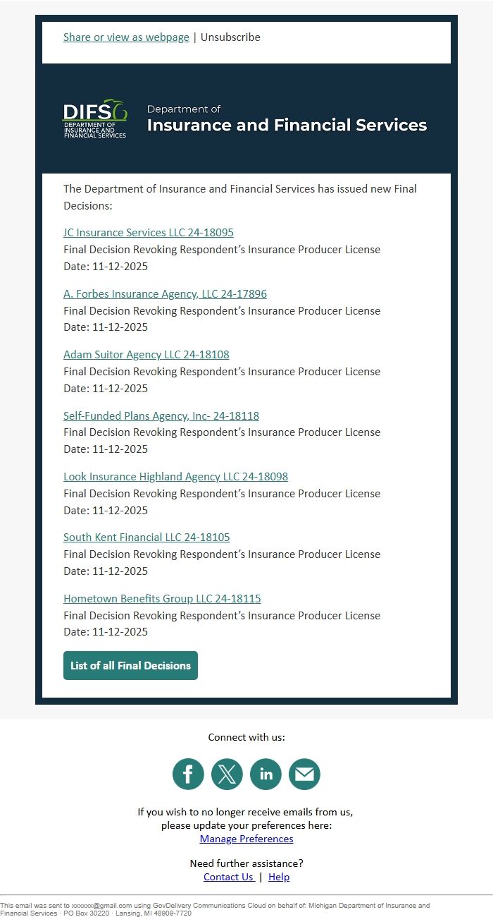 Screenshot of the email generated on import