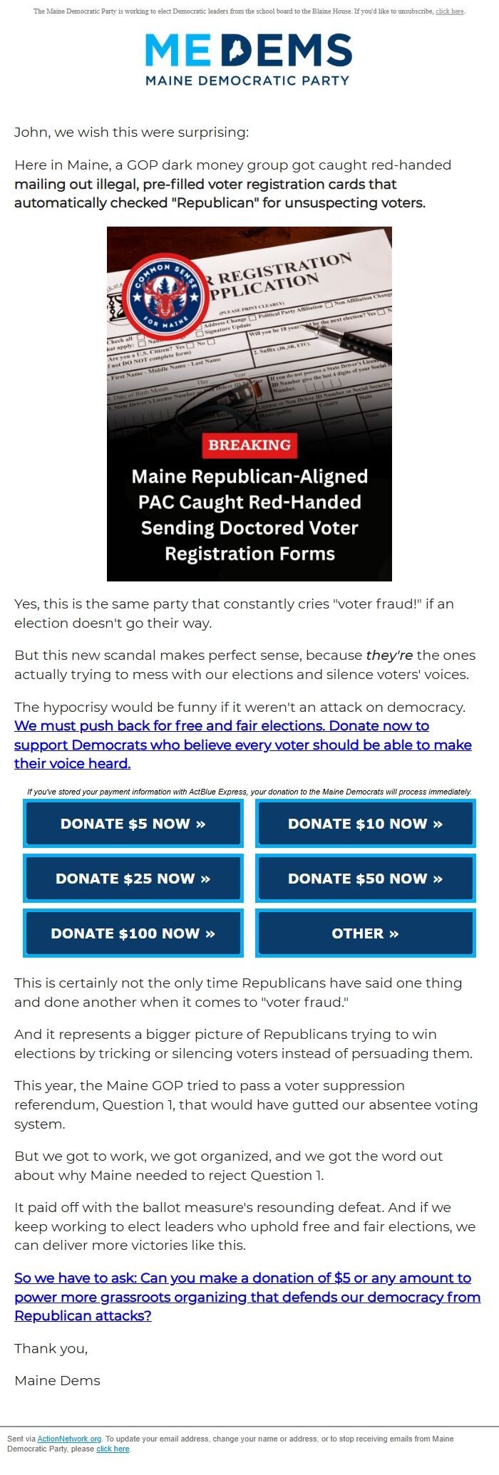 Screenshot of the email generated on import