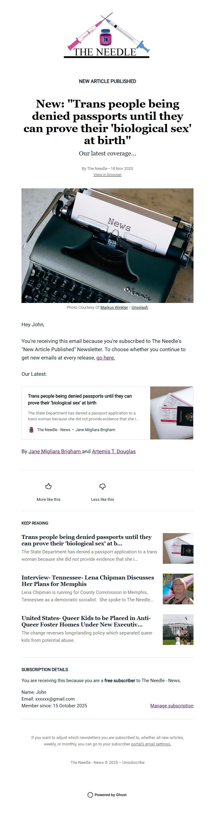 Screenshot of the email generated on import