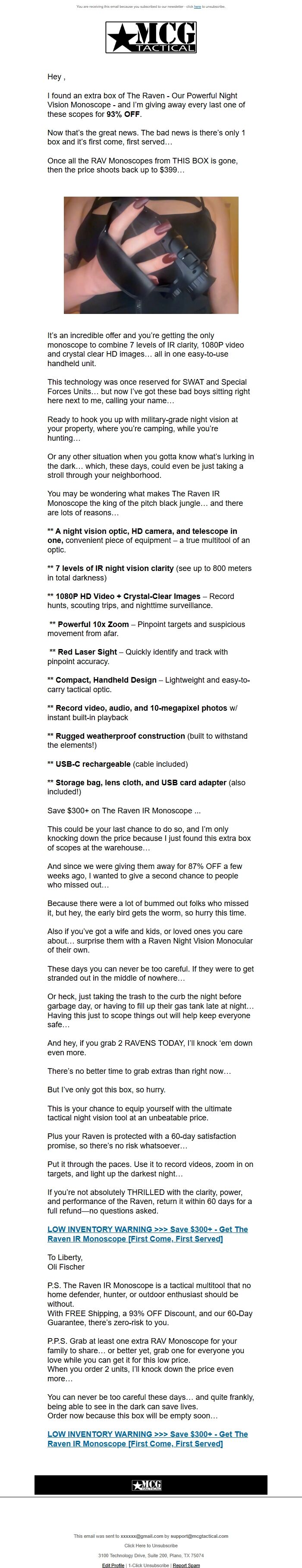 Screenshot of the email generated on import