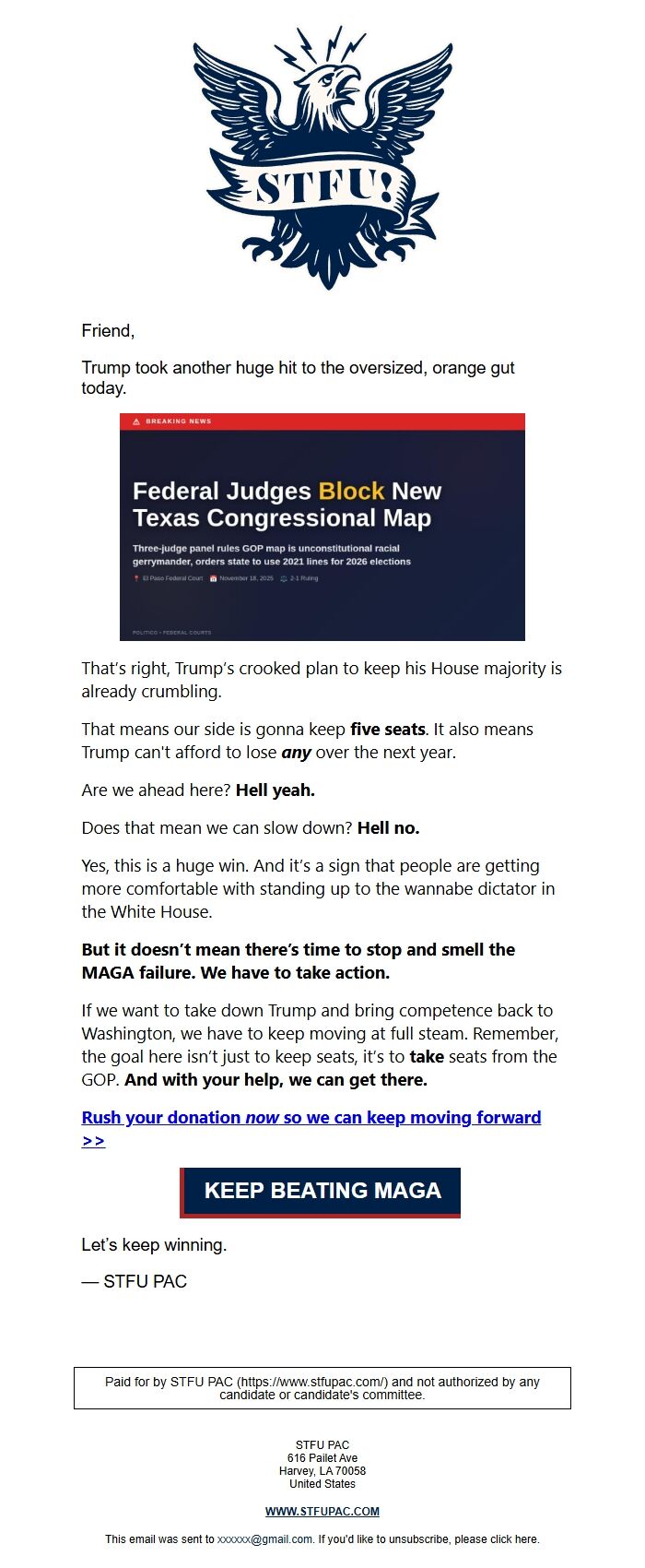 Screenshot of the email generated on import