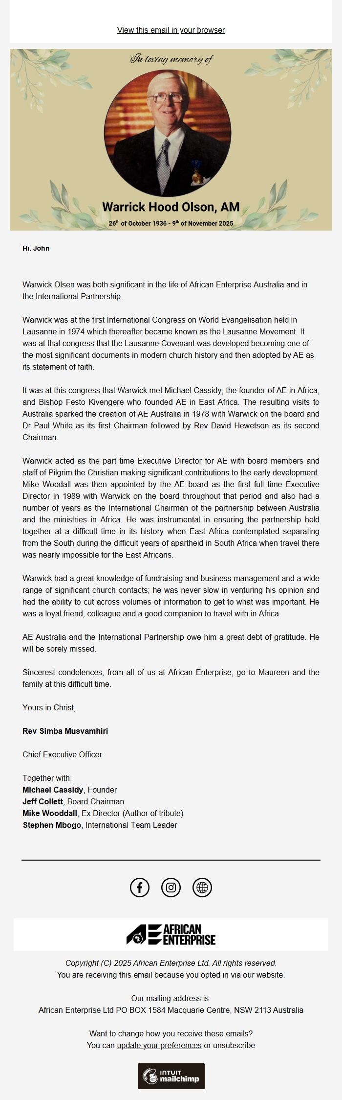 Screenshot of the email generated on import