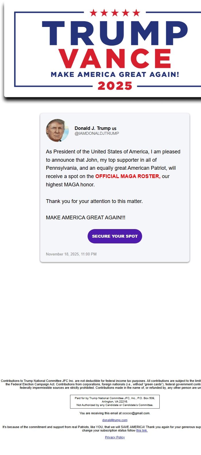 Screenshot of the email generated on import