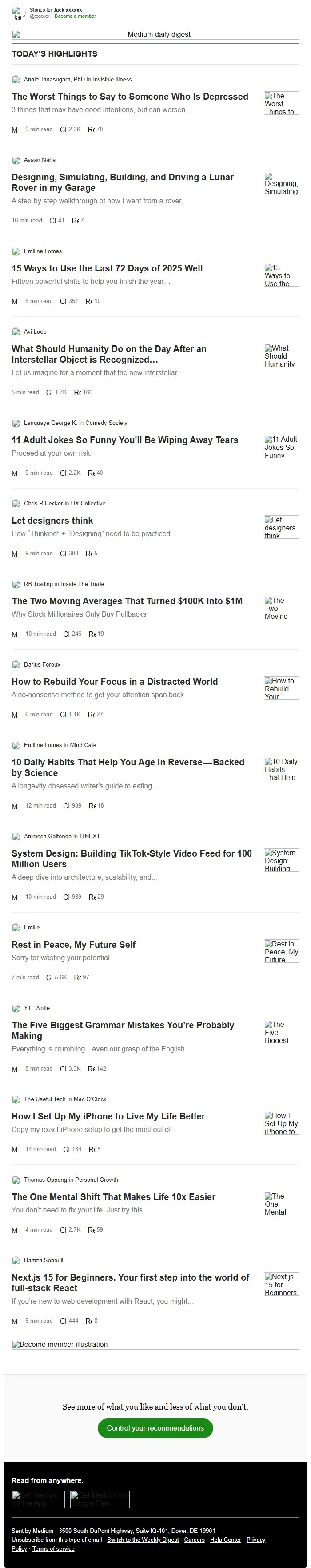 Screenshot of the email generated on import