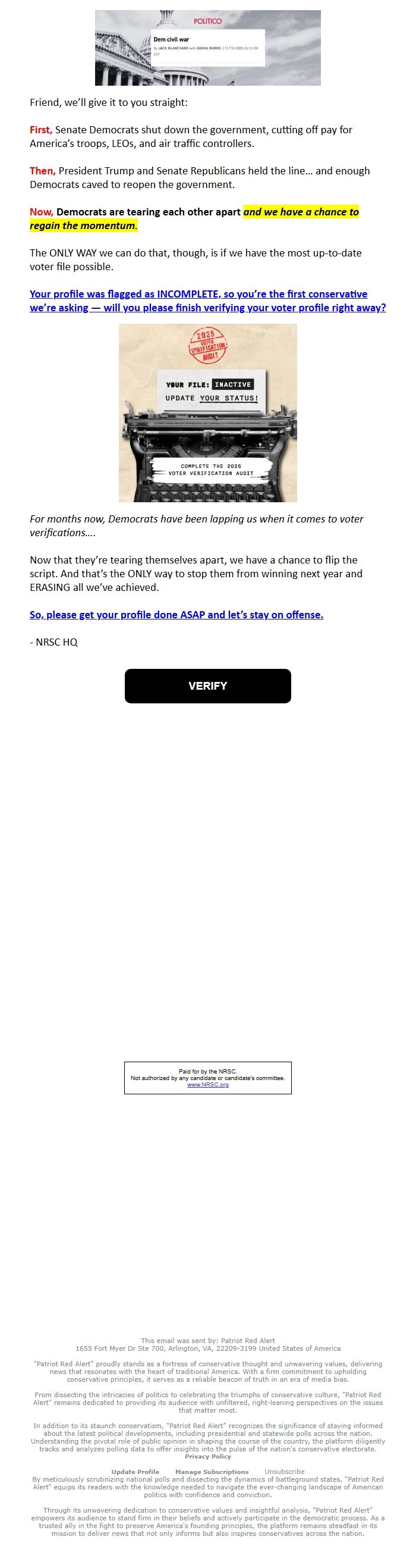 Screenshot of the email generated on import