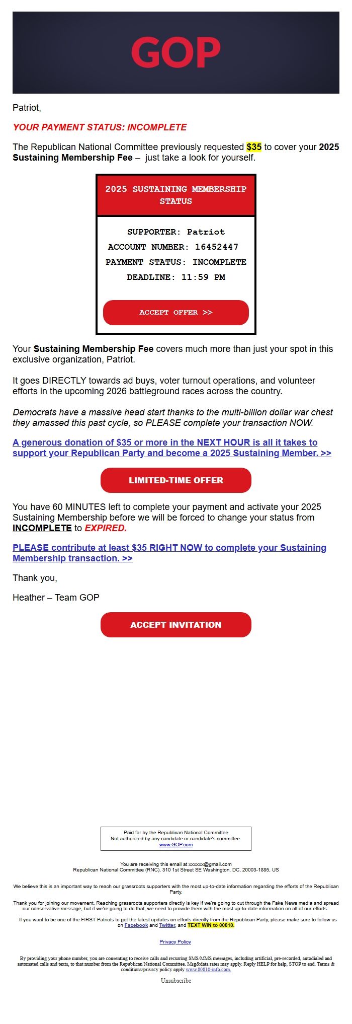 Screenshot of the email generated on import