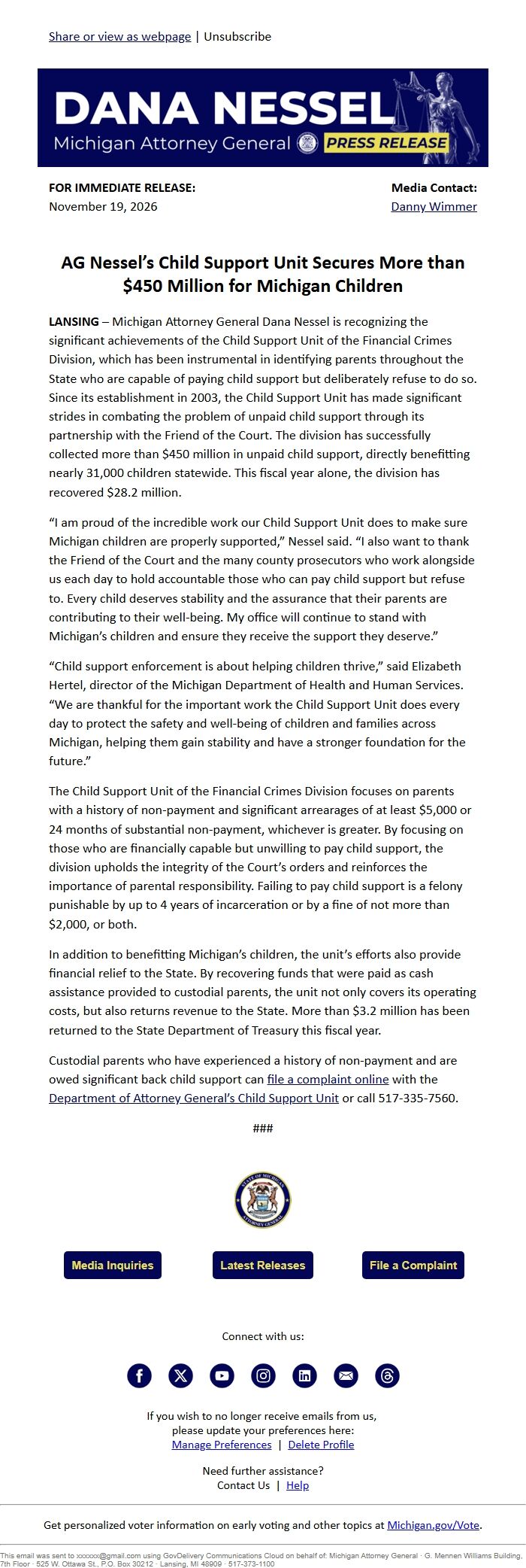 Screenshot of the email generated on import