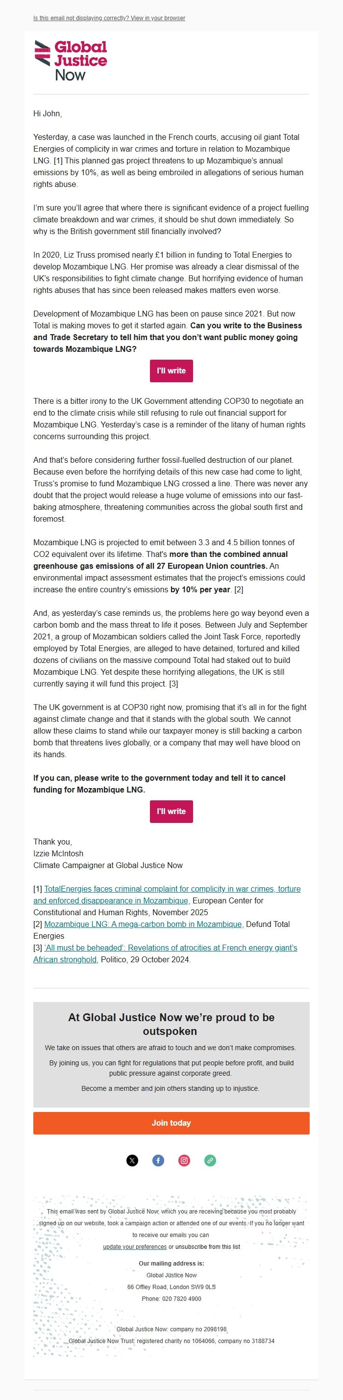 Screenshot of the email generated on import