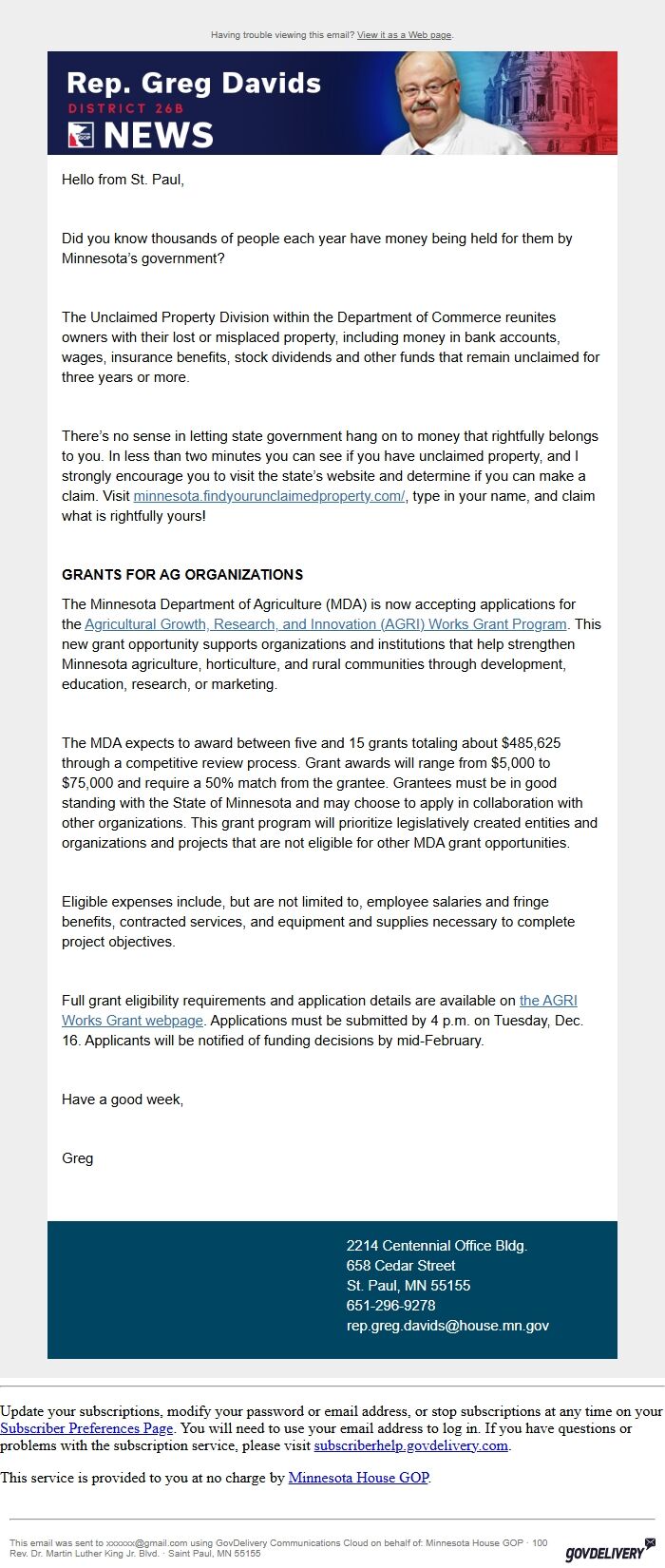 Screenshot of the email generated on import