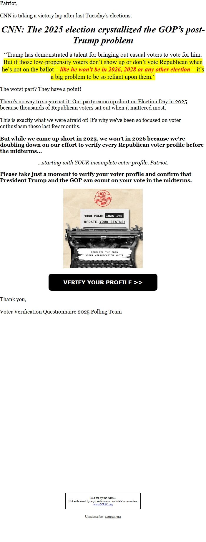 Screenshot of the email generated on import