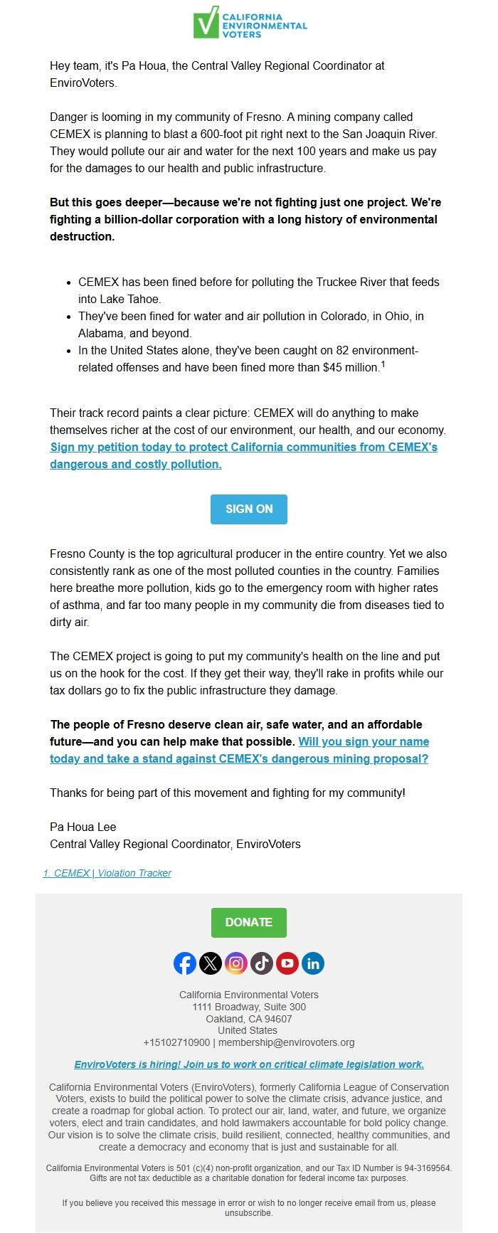 Screenshot of the email generated on import