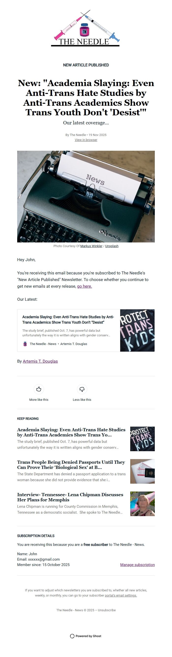 Screenshot of the email generated on import