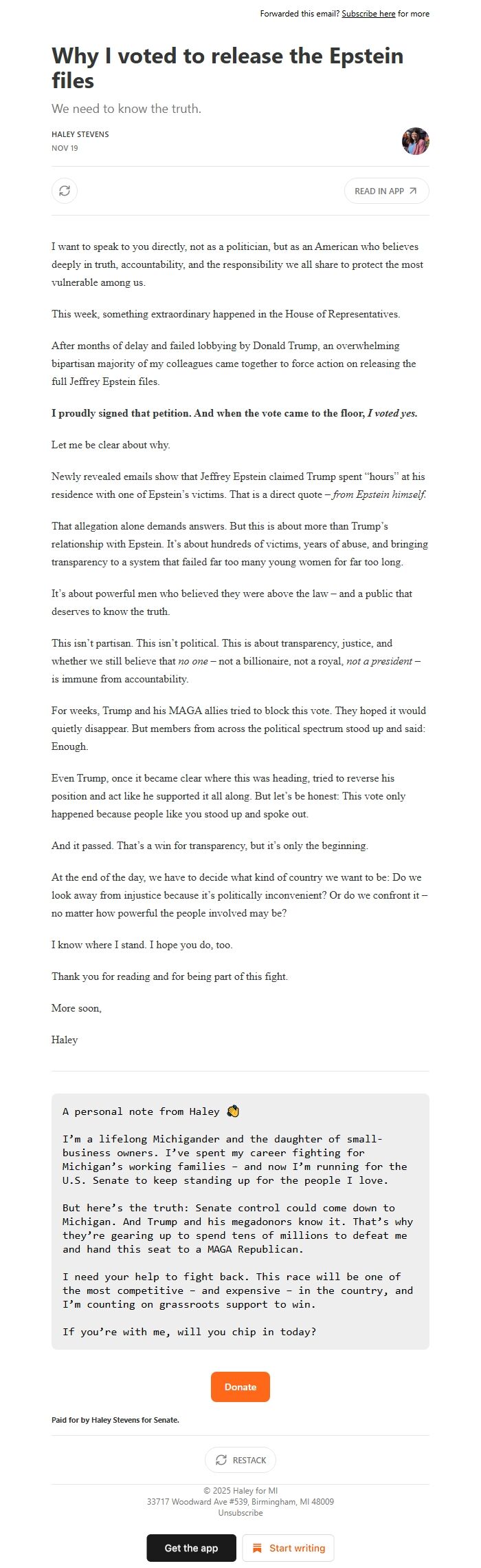 Screenshot of the email generated on import