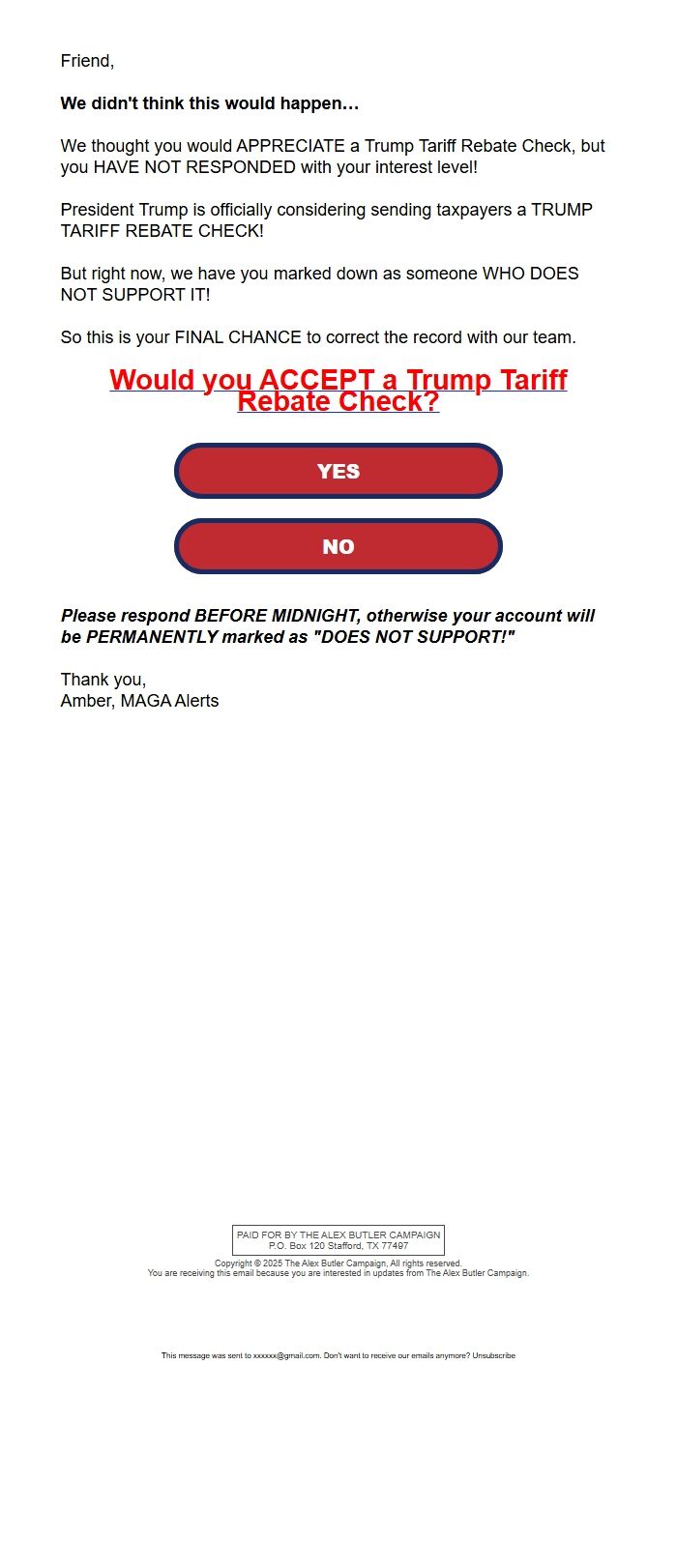 Screenshot of the email generated on import