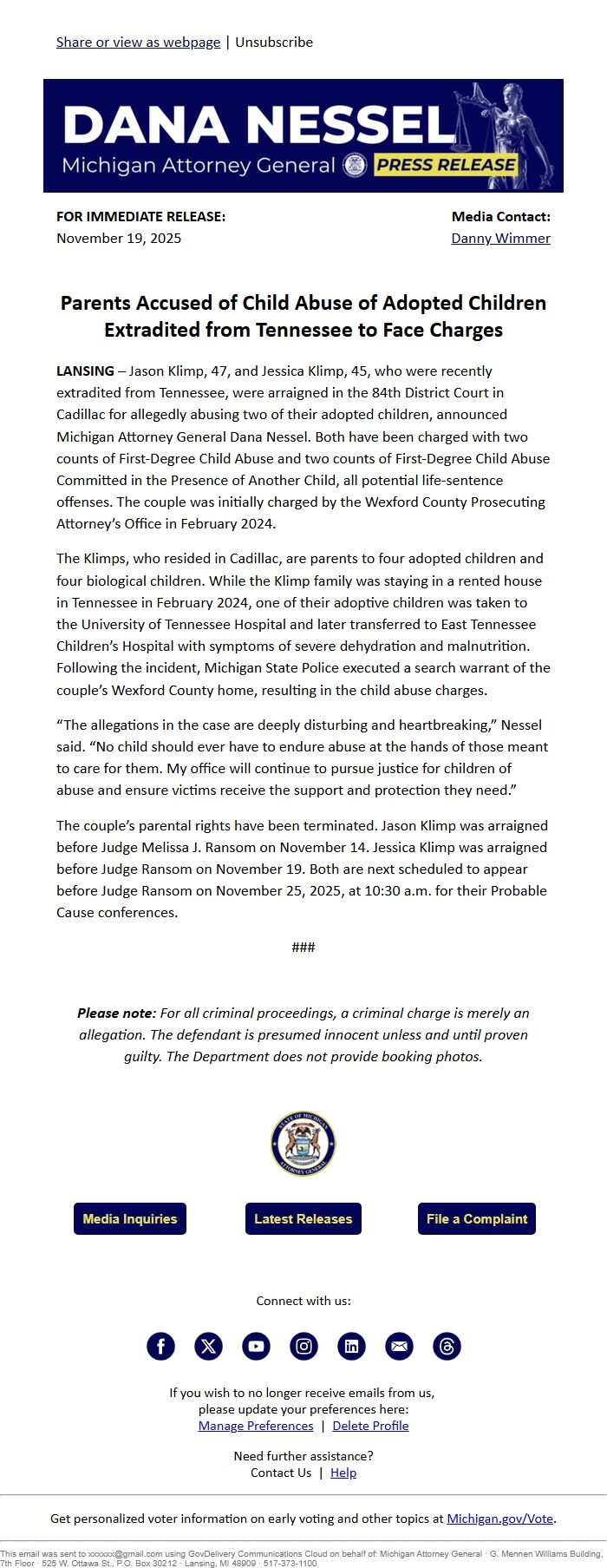 Screenshot of the email generated on import