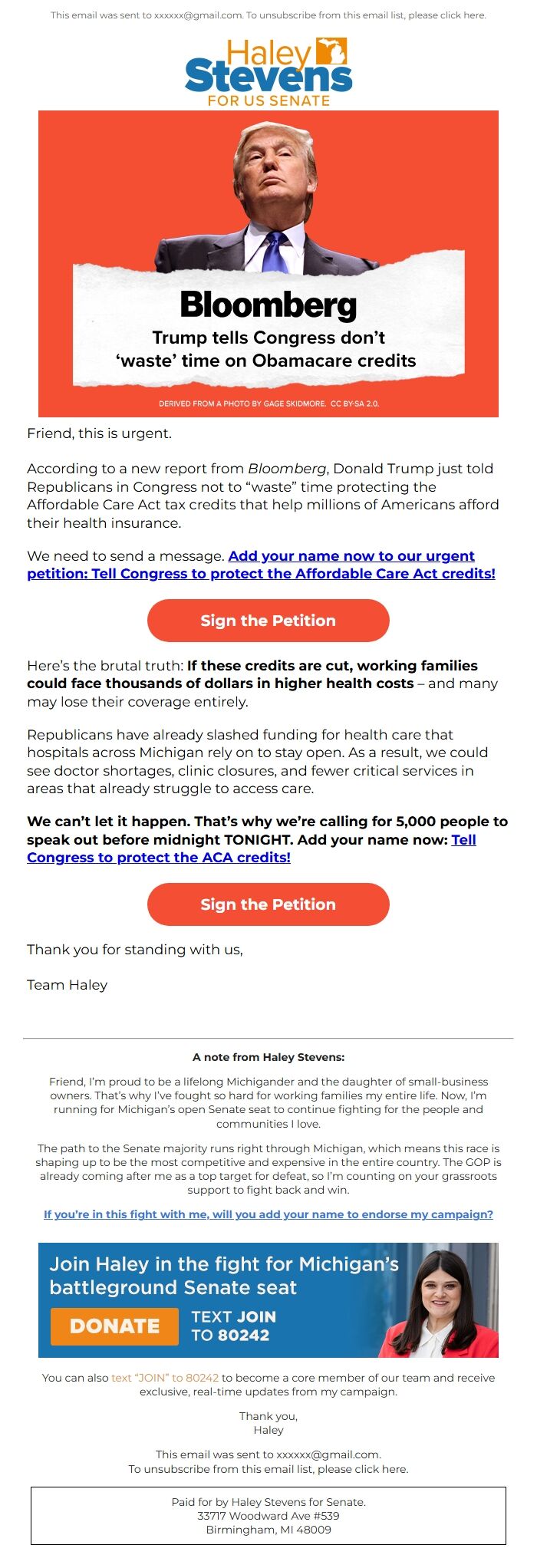 Screenshot of the email generated on import