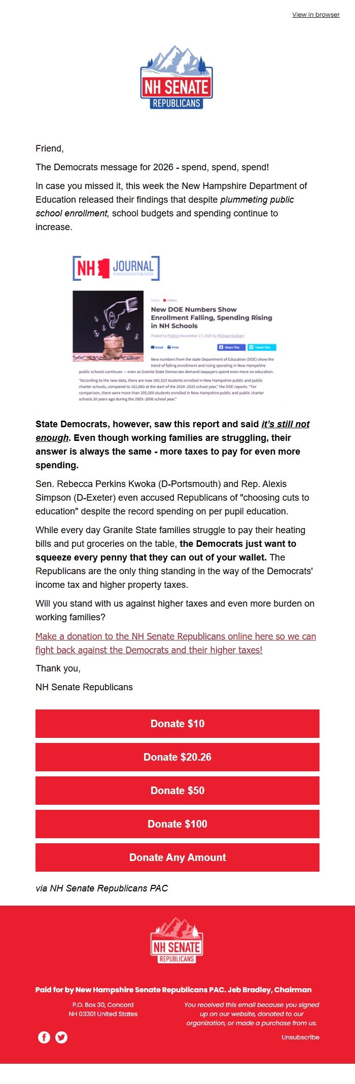 Screenshot of the email generated on import