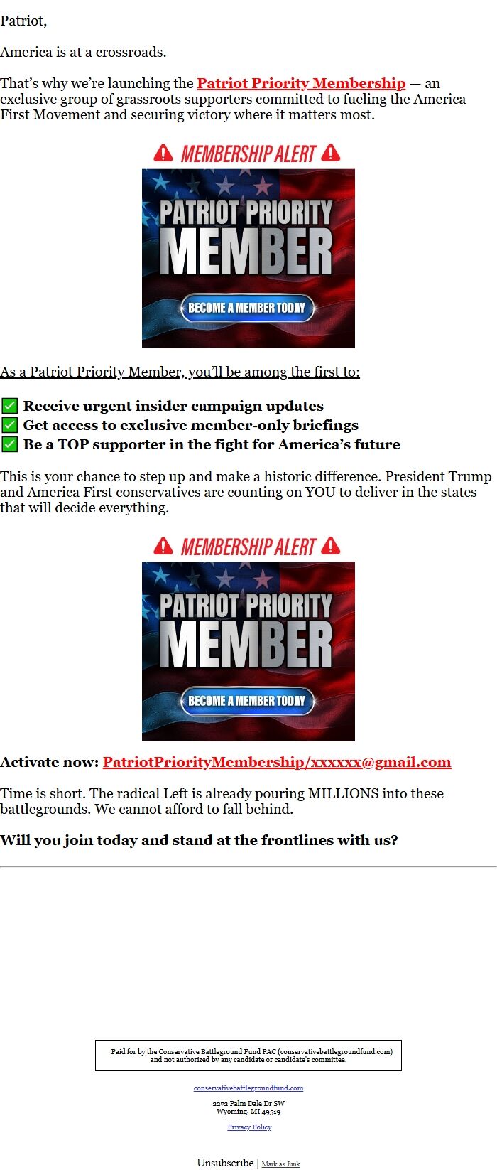 Screenshot of the email generated on import