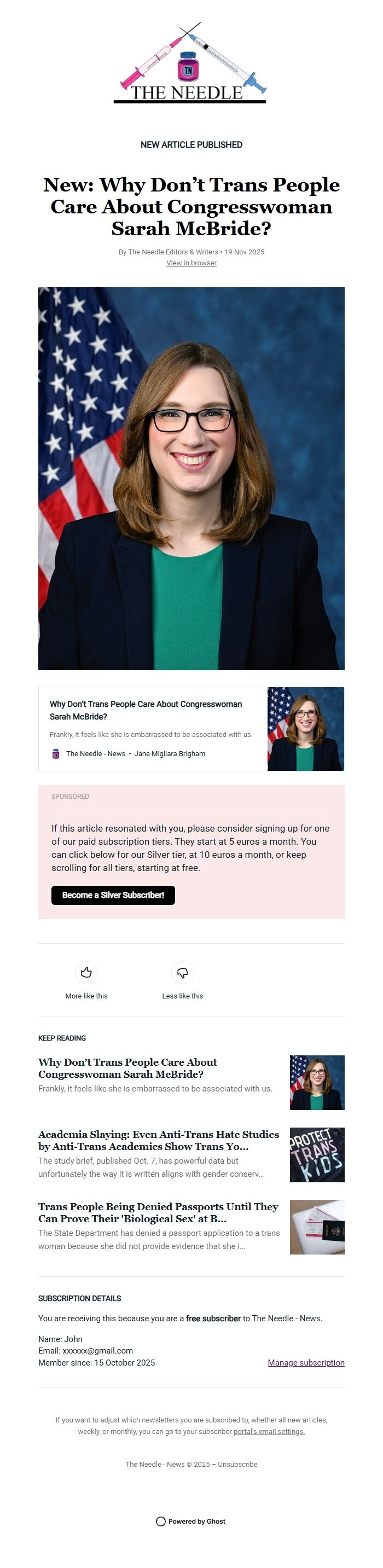 Screenshot of the email generated on import