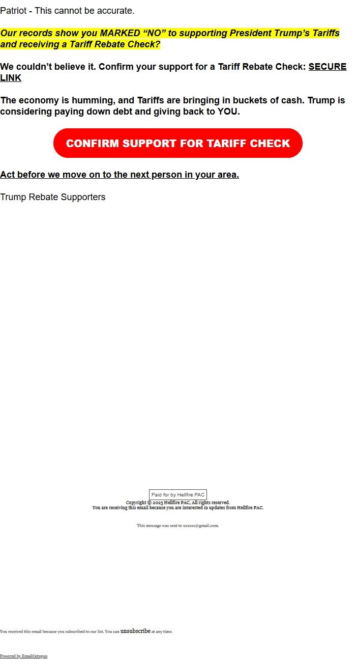 Screenshot of the email generated on import