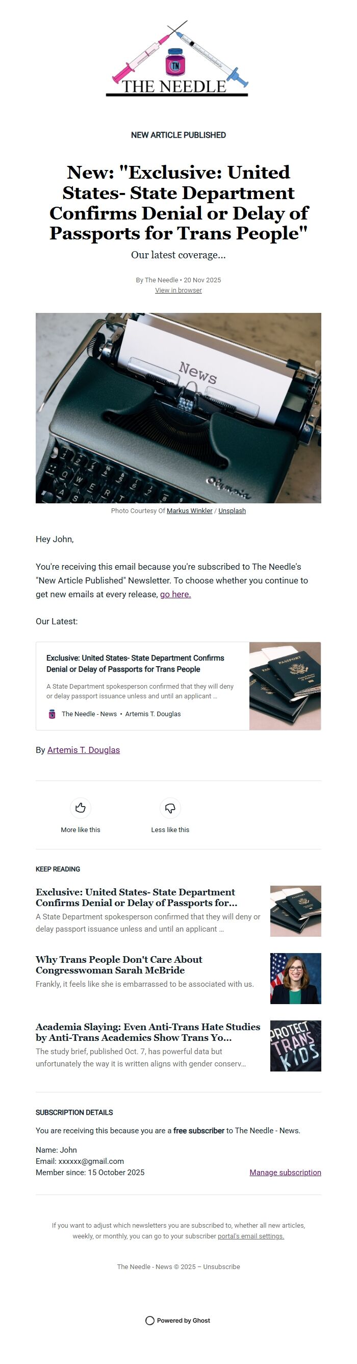 Screenshot of the email generated on import