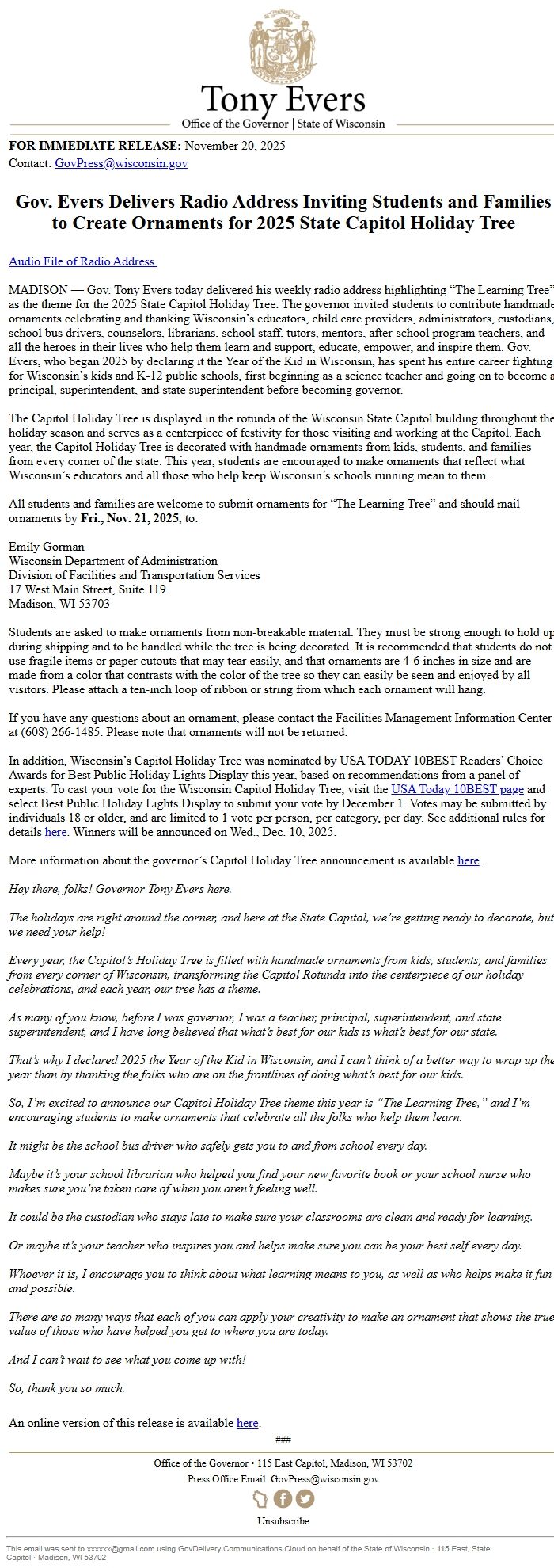 Screenshot of the email generated on import