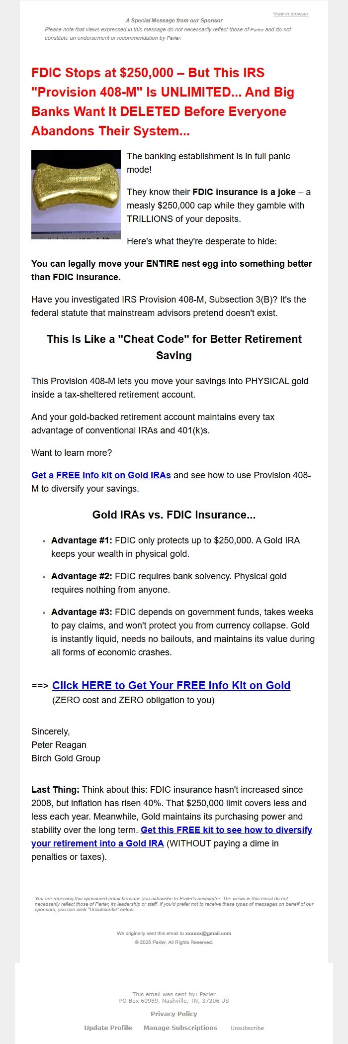 Screenshot of the email generated on import