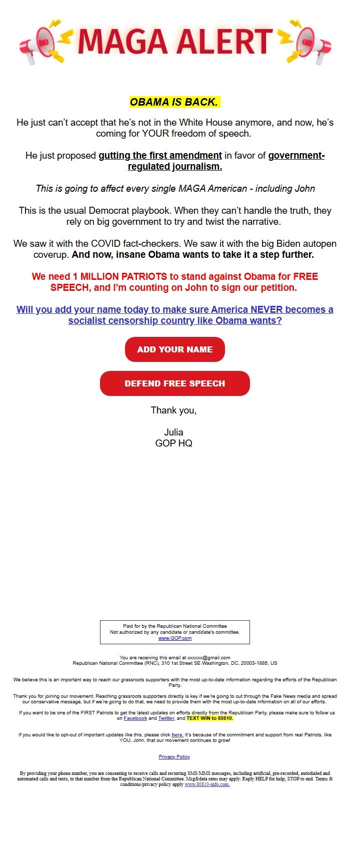 Screenshot of the email generated on import